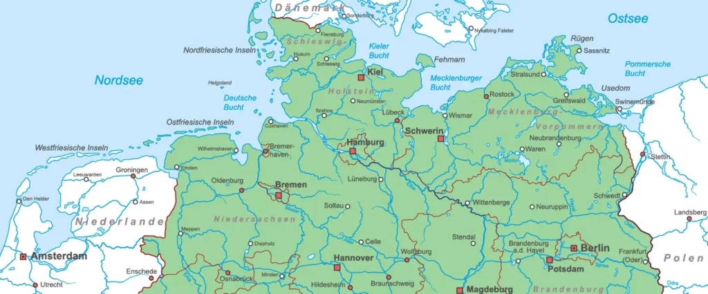 Eine politische Landkarte von Norddeutschland mit Städten, Flüssen und angrenzenden Ländern wie Dänemark und Polen.